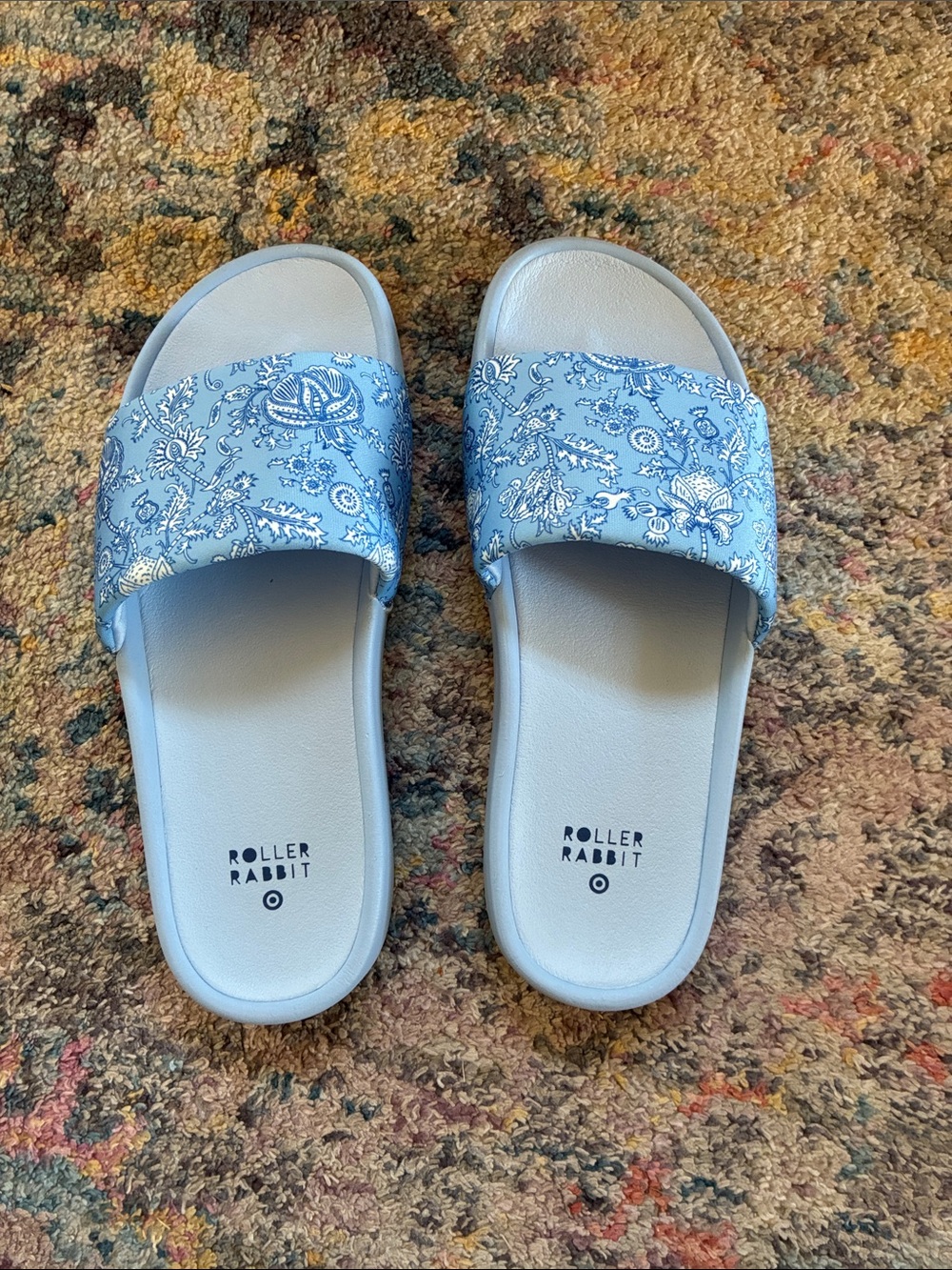 Roller Rabbit Blue Floral Slide Sandals with Printed Strap